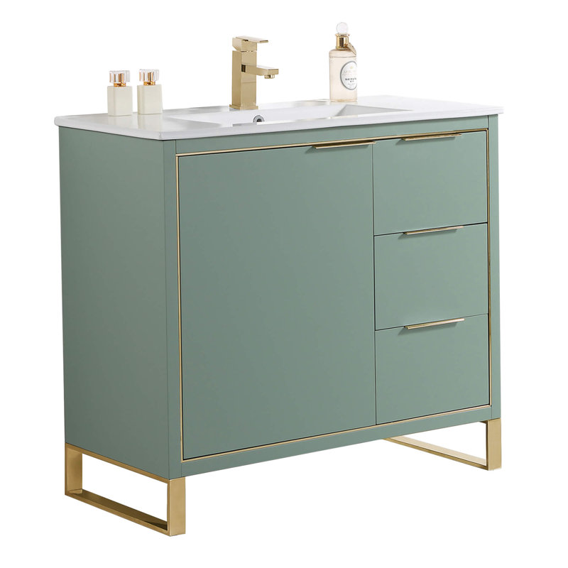 36" Single Bathroom Vanity Set, Satin Brass, Mint Green