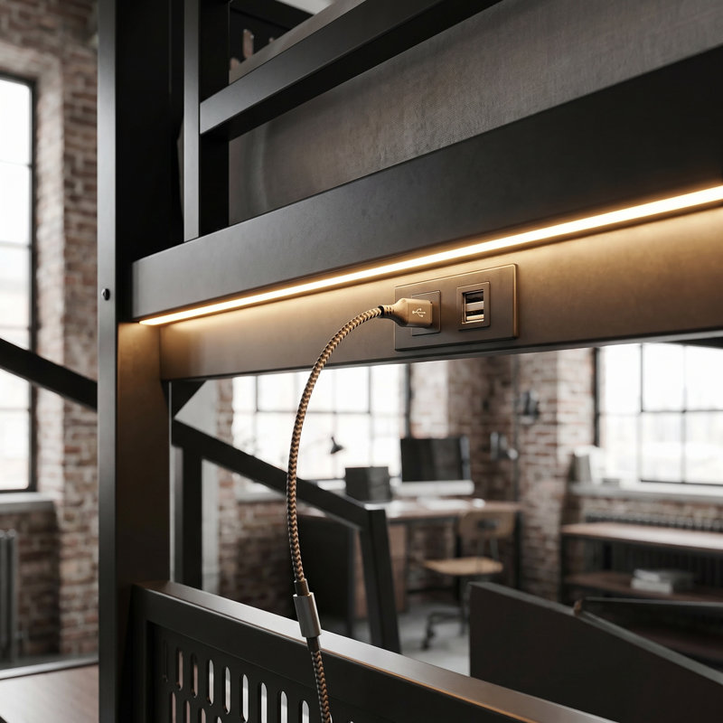 Lit mezzanine en métal pleine grandeur AVELOR avec escalier de rangement, ports USB, lumières à DEL et garde-robe intégrée