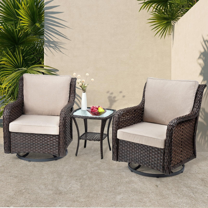 Ensemble de chaises de patio 3 pièces pivotantes en osier avec table, Beige