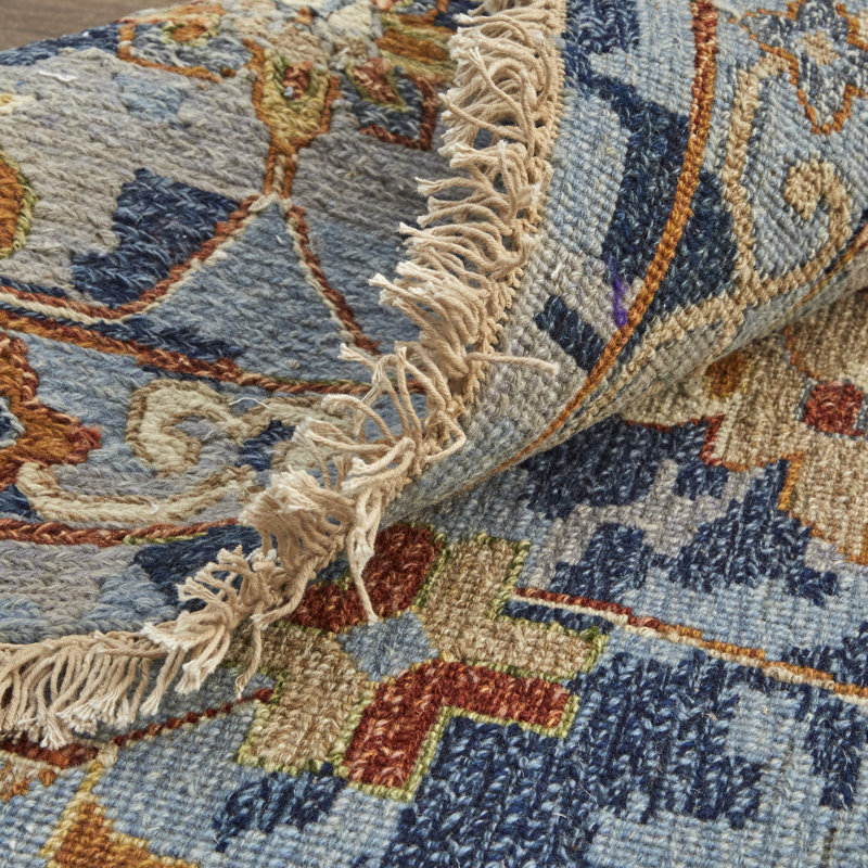 Tapis floral en laine noué à la main bleu / orange / rouge, Rectangle 2 pi x 3 pi