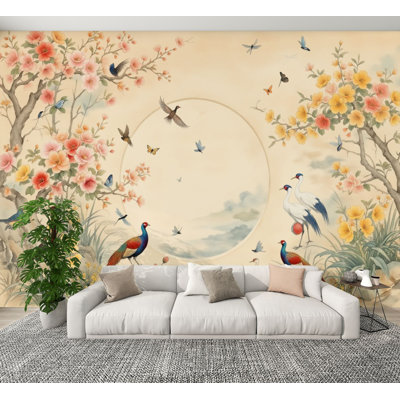 Peel and Stick Wallpaper Vintage Floral Bird Peonies Magnolia Exotic Birds Wall Murals 100"H x 144"W Removable PVC Wall Paper Self-Adhesive Wall Decor for Bedroom Living Room Home Office