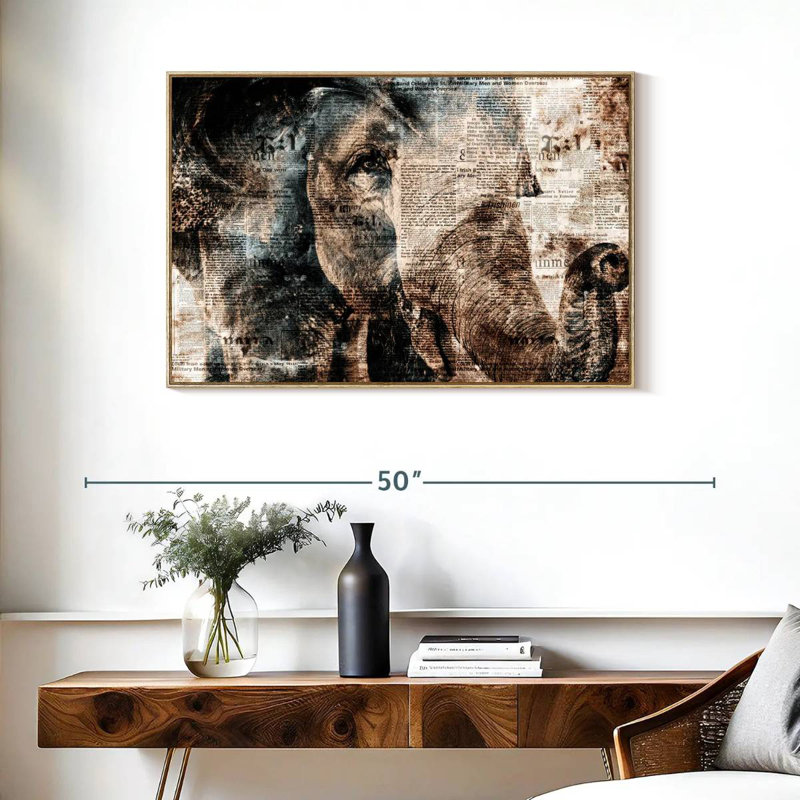 Éléphant texturé, Cadre flottant en bois naturel, 37 po x 25 po