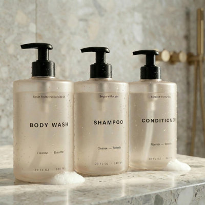 Stylish Shampoo,Conditioner Dispenser,Modern Shower Soap Bottles with Labels,Easy to Refill Body Wash Dispensers for an Instant Bathroom Decor Upgrade(Beige)