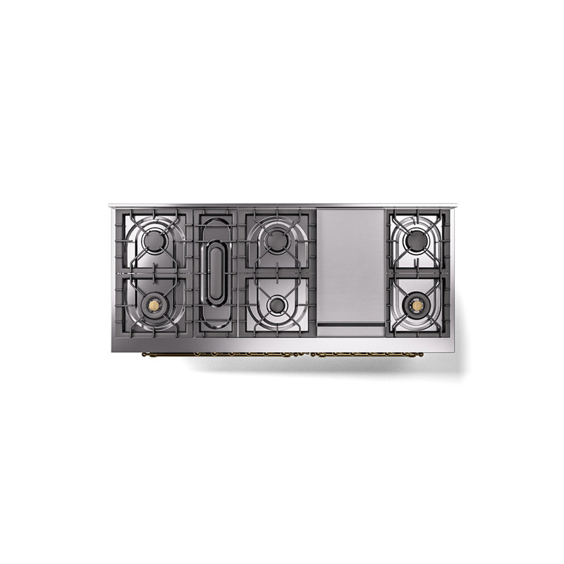 ILVE Nostalgie II 60 Dual Fuel Range, 9 Burners, Griddle, Liquid Propane, Stainless Steel/Brass