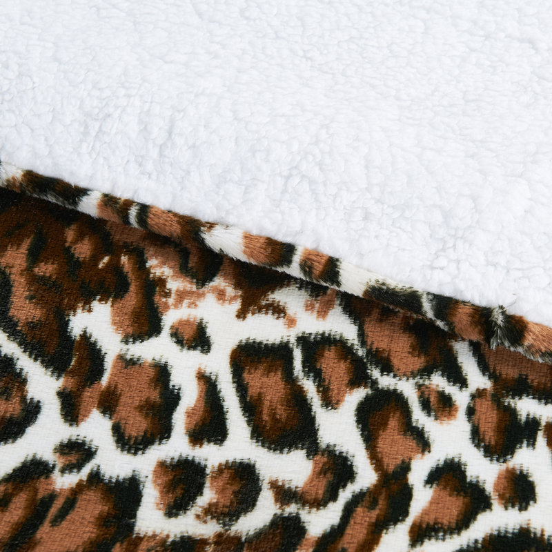 Queen Size Brown Leopard Faux Fur Sherpa Reversible Blanket