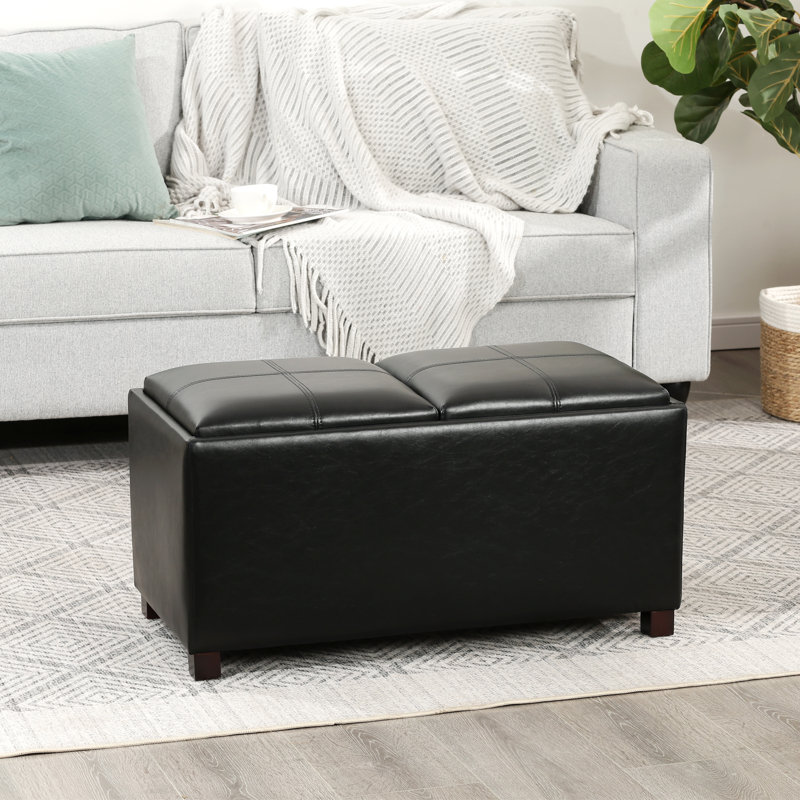 31" Rectangle Faux Leather Storage Ottoman With Flip-top Trays, Black