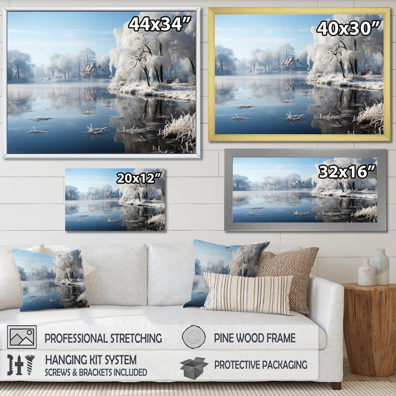 Paysage d'hiver Frozen Pond I, Cadre naturel flottant, H 16 po x l 32 po x P 1 po