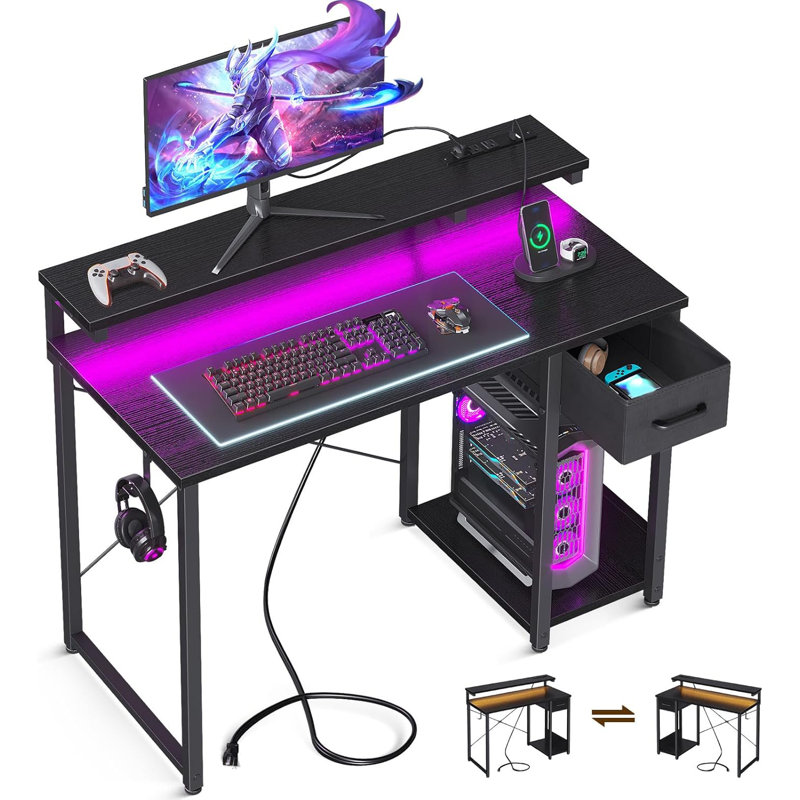 Gaming Desk with LED Lights & Power Outlet, 48 Inch Computer Desk with Drawer, Reversible Desk with Adjustable Monitor Shelf & Headphone Hook for Home Office, Black