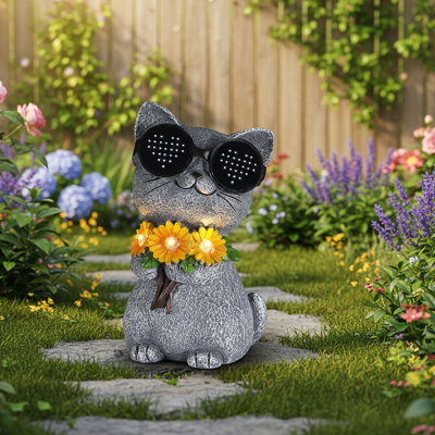 Solar Cat Okolona With Rotating LED Lights - Valentine's Day Gift, Solar Powered Outdoor Night Light, Weatherproof Garden Decor With Daisy, Cute Eco-Friendly Present For Cat Lovers