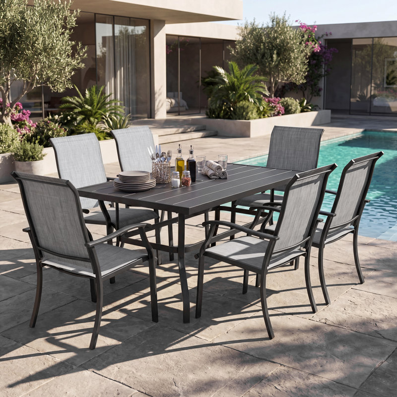 7-Piece Patio Textilene Dining Set With Umbrella Hole, Powder Coating, 7 Pieces: Table, 6 Chairs, 28.9" H x 60.6" W x 37" D