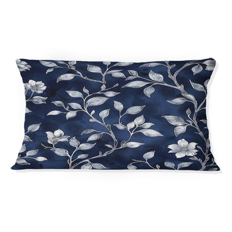 Navy Blue And Silver Country Chic Blooms - Farmhouse Pillow, Rectangular, 12" x 20"