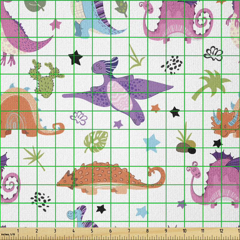 Cartoon Fabric By The Yard, Cactus Plants Colorful Stars And Funny Dinosaurs Pattern With White Background, Stretch Knit Fabric For Clothing Sewing And Arts Crafts, 5 Yards, Multicolor