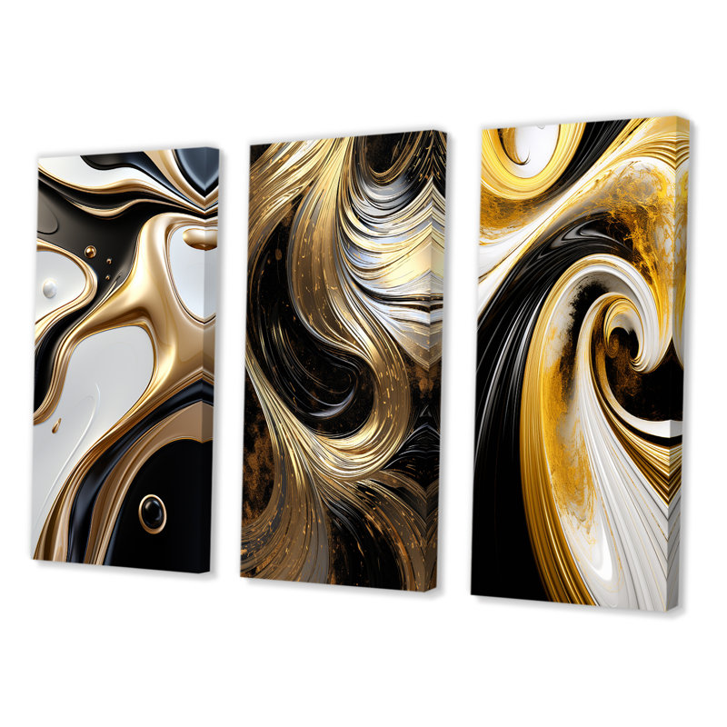 Liquide or noir et blanc vague dimension - spirales abstraites ensemble d'art de 3 pièces, Toile tendue, H 20 po x l 36 po