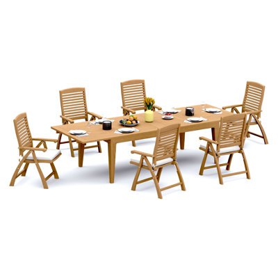 8 Seats 9 Pcs Grade-A Teak Wood Dining Set: 122" Caranas Double Extension Rectangle Table And 8 Ashely Folding Reclining Arm Chairs #11AS2908