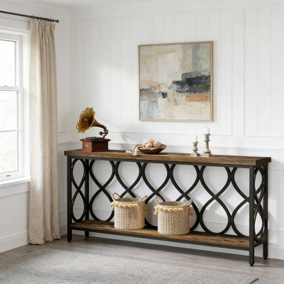 70.9" Industrial 2-Tier Console Table, Rustic Wood & Black Metal Sofa Entryway Table