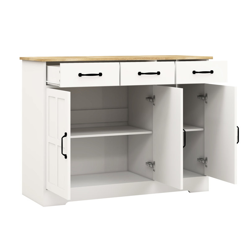 Buffet avec tablettes réglables - 3 tiroirs à portes de style blanc, blanc, E1, convenant à diverses pièces