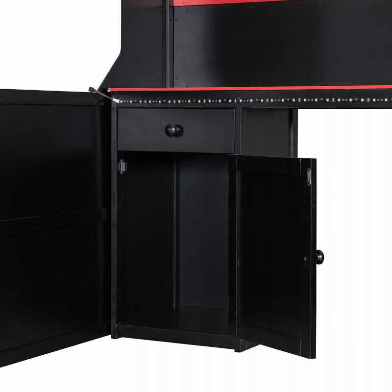 Lit mezzanine avec bureau Gaming, lumières DEL et station de charge intégrée, Full / Double, Noir et rouge