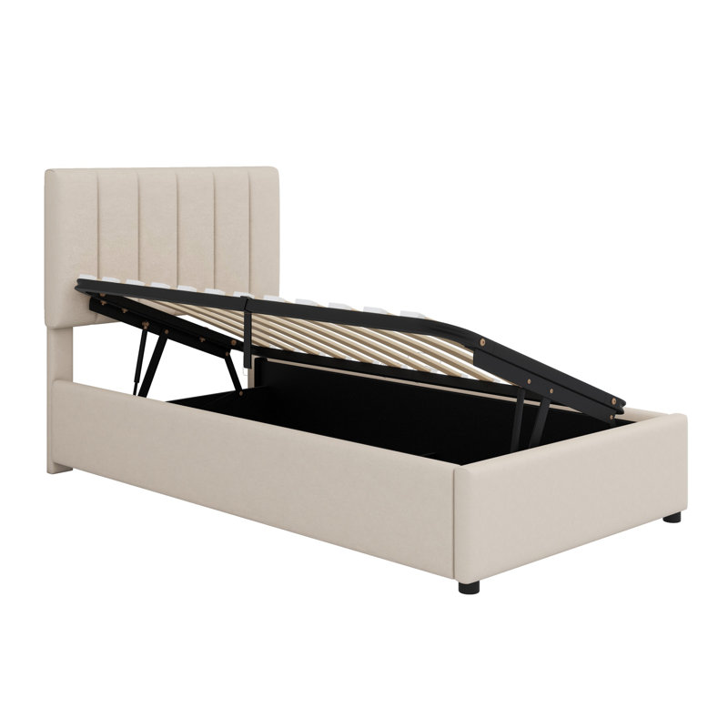 Lit plateforme tapissier avec système de rangement hydraulique, Beige