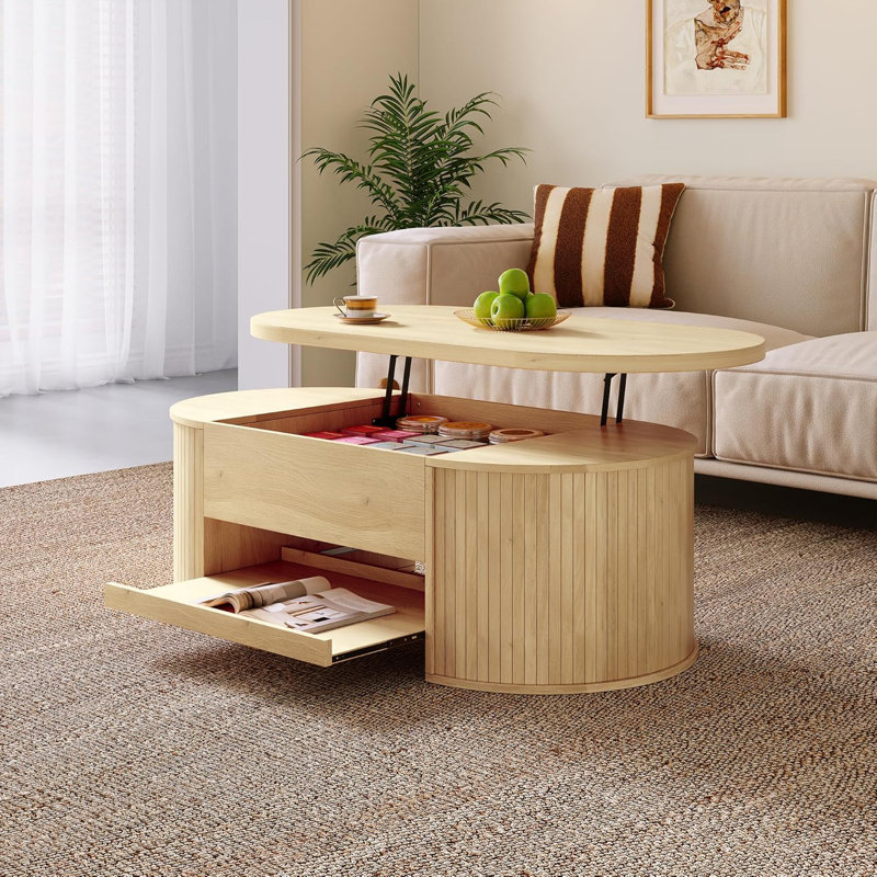 Jaxenor Lift Top Coffee Table with Extendable Shelf, Centre Table with Curved Wooden Sides, Space-Saving Tea Table with Rising Lift Up Tabletop, Storage Table for Living Room & Office