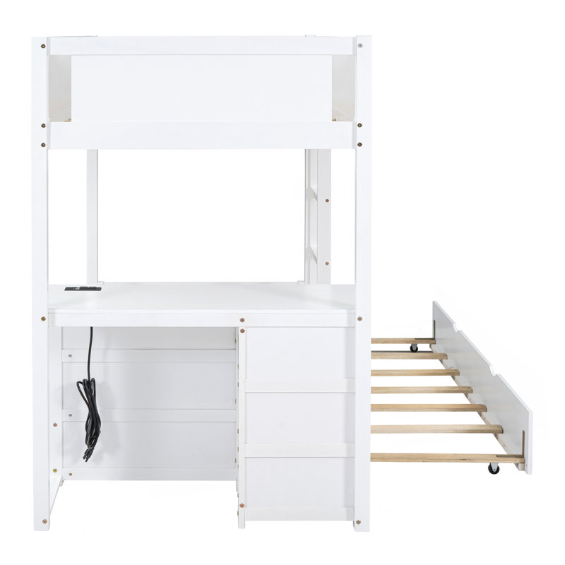 Lit simple superposé simple avec lit gigogne simple, rangement et bureau, blanc, Blanc