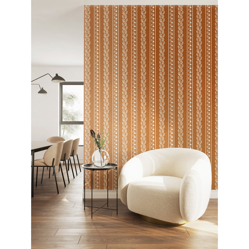 Lady Charlotte Botanic Stripe 10' L x 24" W Peel and Stick Wallpaper Roll, Terracotta, Self-adhesive, Vinyl