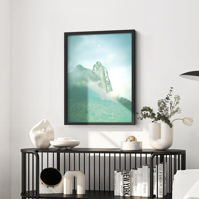 «Green Gradient Tropical Mountain Forest Nature Illustration Small Decor Modern Art Work», H 14 po x l 11 po, Noir