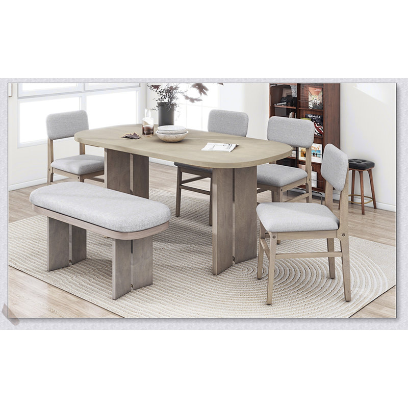 Solid Wood Dining Table Set with Bench - 6-Piece Upholstered Rectangular Dining Room Table Set, Modern Farmhouse Design