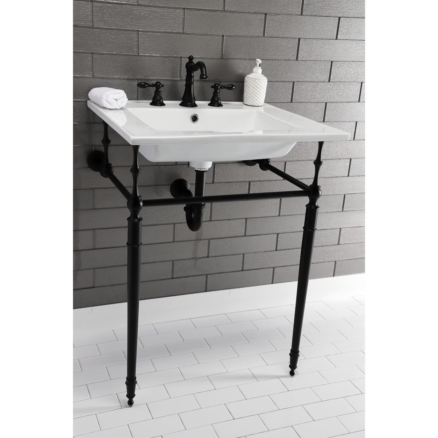 Kingston Brass Edwardian 25-Inch Ceramic Console Sink with Brass Legs (8-Inch, 3-Hole), White/Matte Black
