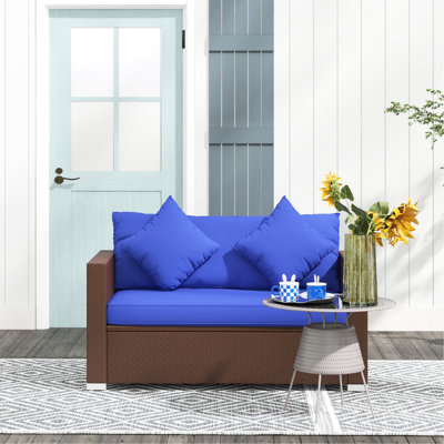 2 terrasses avec coussins décoratifs moelleux, pour porche, cour, jardin, bord de piscine, accessoires d'extérieur bleu foncé, canapé moderne, contemporain