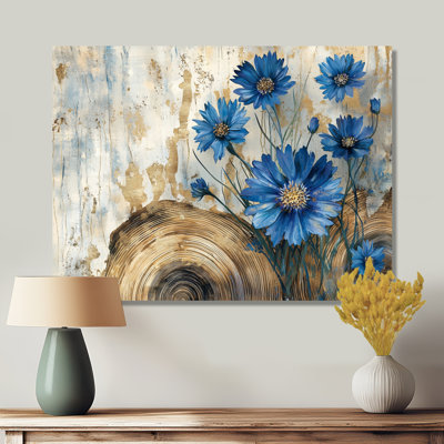 Fleurs bleues turquoise et paysage en bois II - fleurs murales en métal