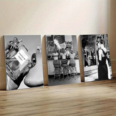 3PCS Wall Arts Posters Framed, Black and White Fashion Photography Canvas Wall Art Set of 3, Vintage Perfume, Diner Scene, Elegant Lady Prints for Living Room Bedroom Home Decor, Modern Minimalist Artwork
