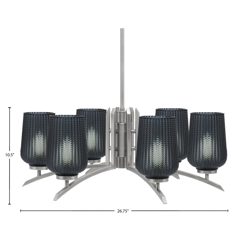 Lustre 6 lumières Kurve présenté dans une finition graphite avec verre texturé, Fumée