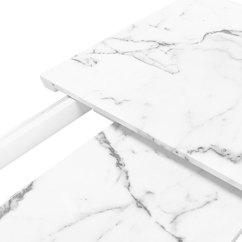 Table de salle à manger carrée moderne en marbre blanc extensible, pieds noirs avec base en métal, carré extensible de 61,71 po de profondeur, plateau de table fini et support, largeur de 27,17 po