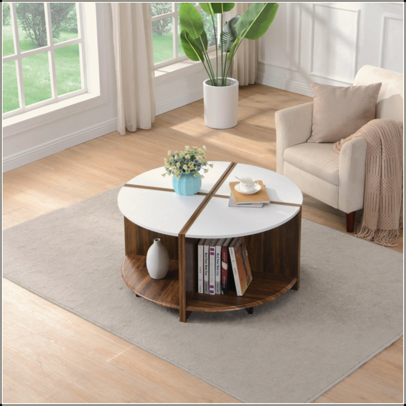4 pièces de table basse ronde industrielle, à assemblage robuste et facile, à 2 niveaux avec rangement pour le salon, jardin, blanc