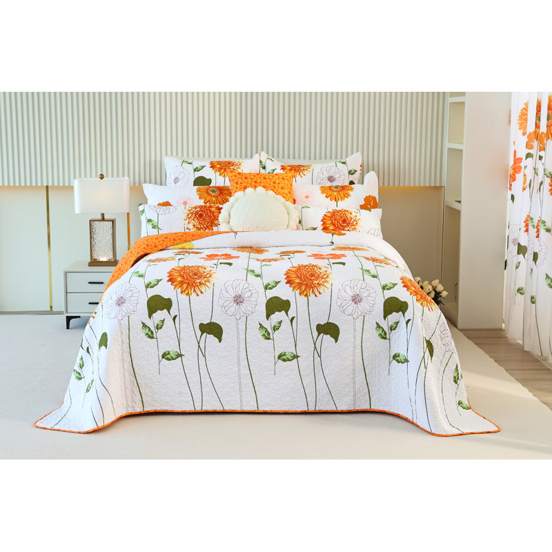 Sunflower Cotton Floral Quilt Bedding Set With Shams, King Quilt+2 King Shams
