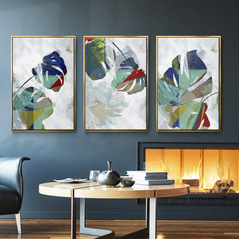 " Monstera IV " 3 - Pieces, Gold, 27" H x 54" W