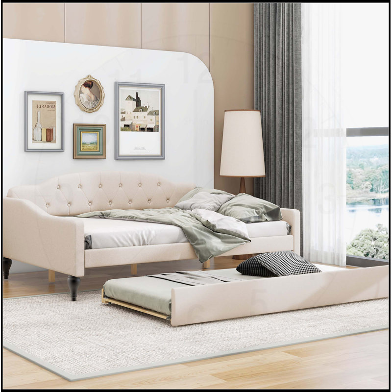 Lit de jour double capitonné capitonné avec lit gigogne simple, beige, durable et élégant pour les espaces de vie modernes