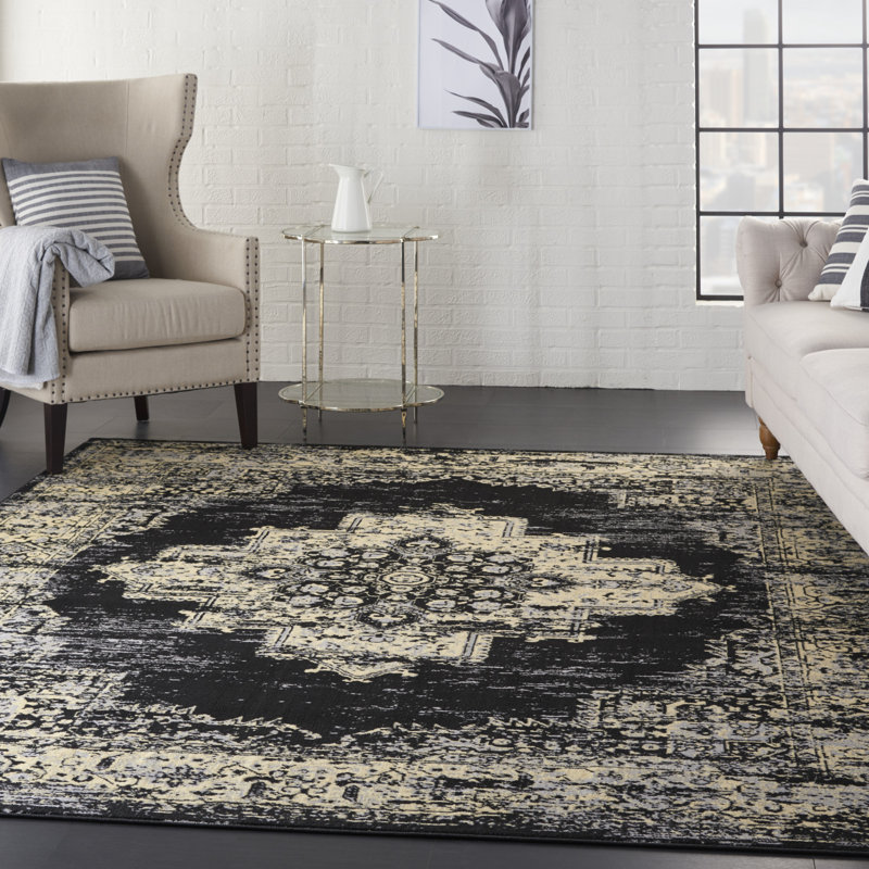 Burnie Oriental Black/Cream Area Rug, Rectangle 9' x 12'