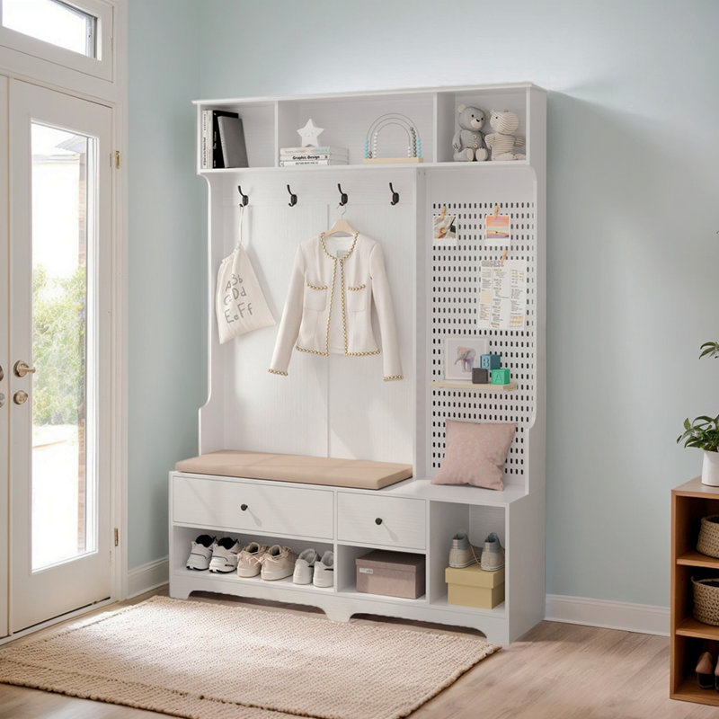 Arbre d'entrée polyvalent avec banc d'entrée en lin amovible, portemanteau, tablettes de rangement et panneau perforé pour le couloir, pour le couloir, le salon, blanc