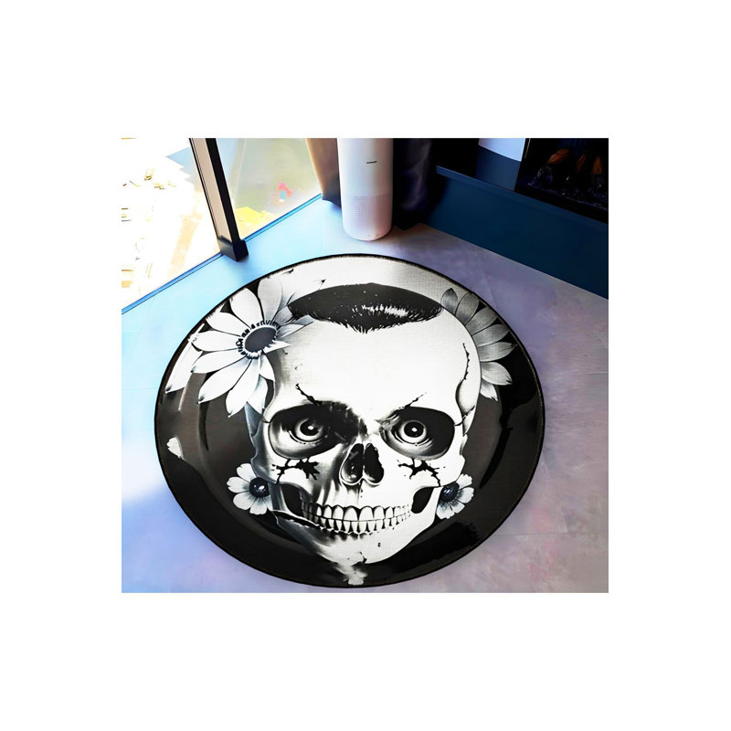 Tapis rond lavable à motif de crâne et de fleurs, Sous-tapis rond 2 pi 8 po inclus