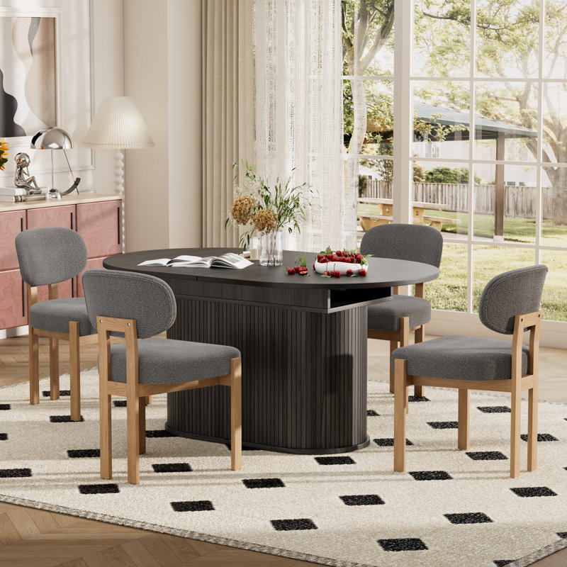 Modern 55.11"-70.86" MDF Extendable Dining Table Set For 4-6 With Chenille Upholstered Chairs, Space Saving Expandable Kitchen & Dining Room Furniture Set, Stylish Comfortable Dinner Table Set