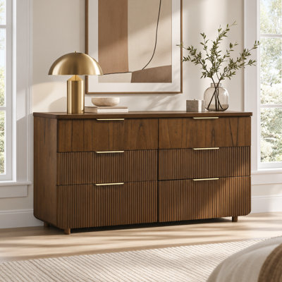 Doland 59.1" W Mid-Century Modern Fluted Solid Wood 6-Drawer Double Dresser