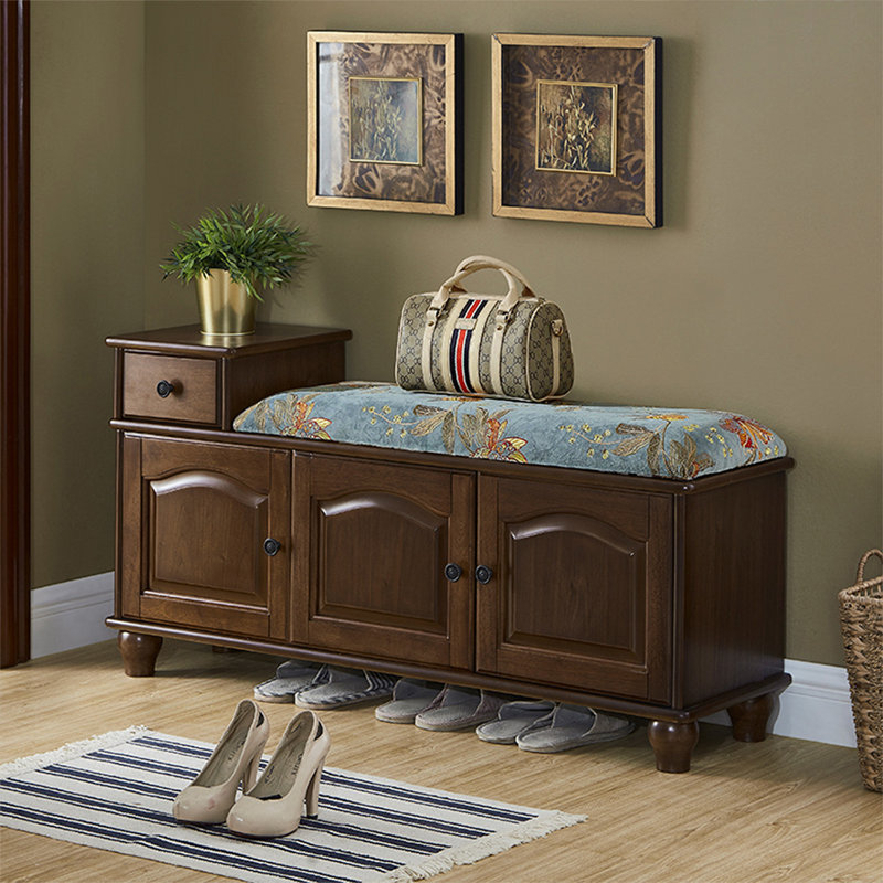 Banc rembourré 100% polyester bleu, Noir noyer
