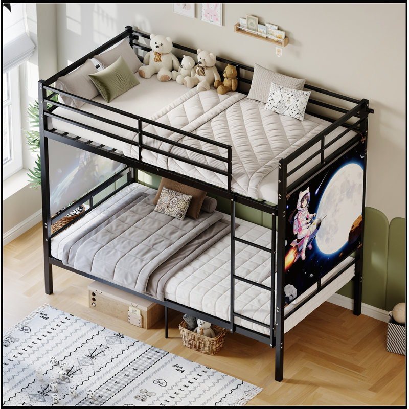 Lit superposé en métal robuste avec échelle, garde-corps hauts et rangement sous le lit, option divisée, sans bruit, taille simple sur simple, noir