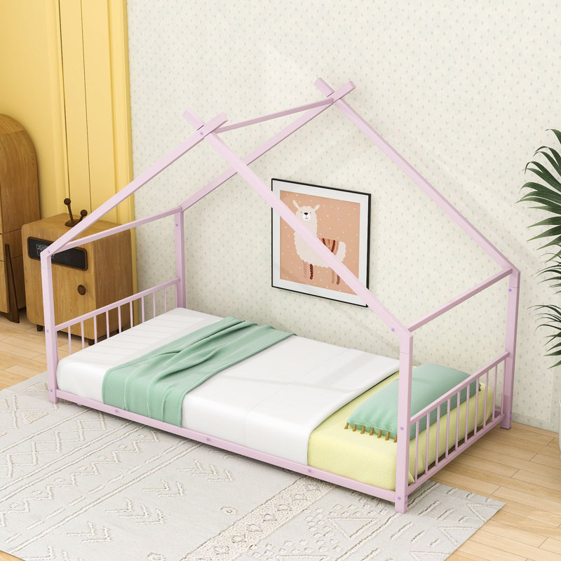House Bed With Playhouse Design And Headboard, Twin, Pink