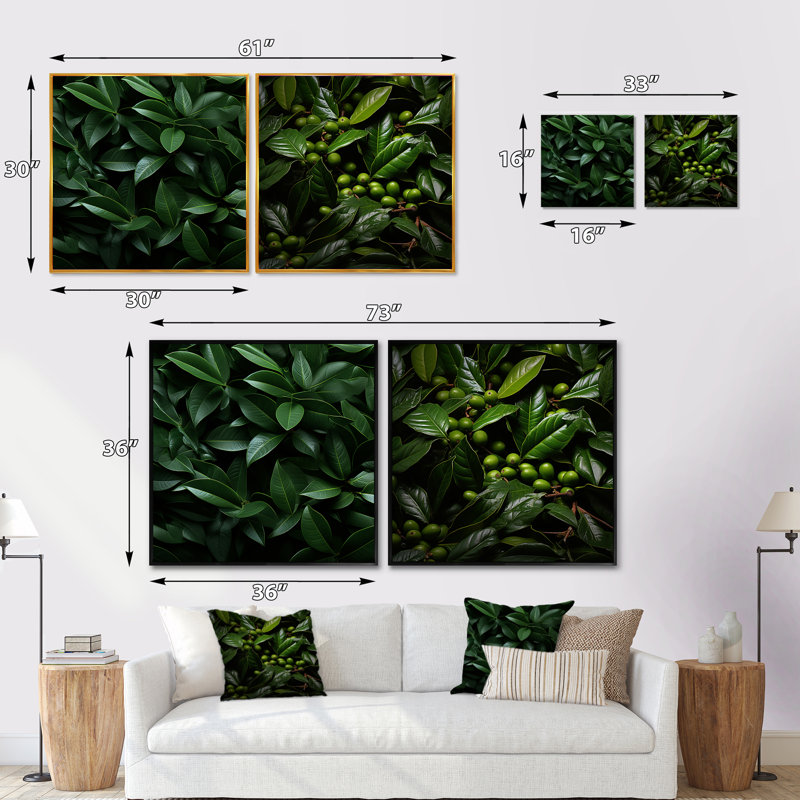 Tropical Robusta Palm Rhythms - Ensemble de 2 collages floraux carrés, Cadre flottant noir, H 30 po x l 61 po