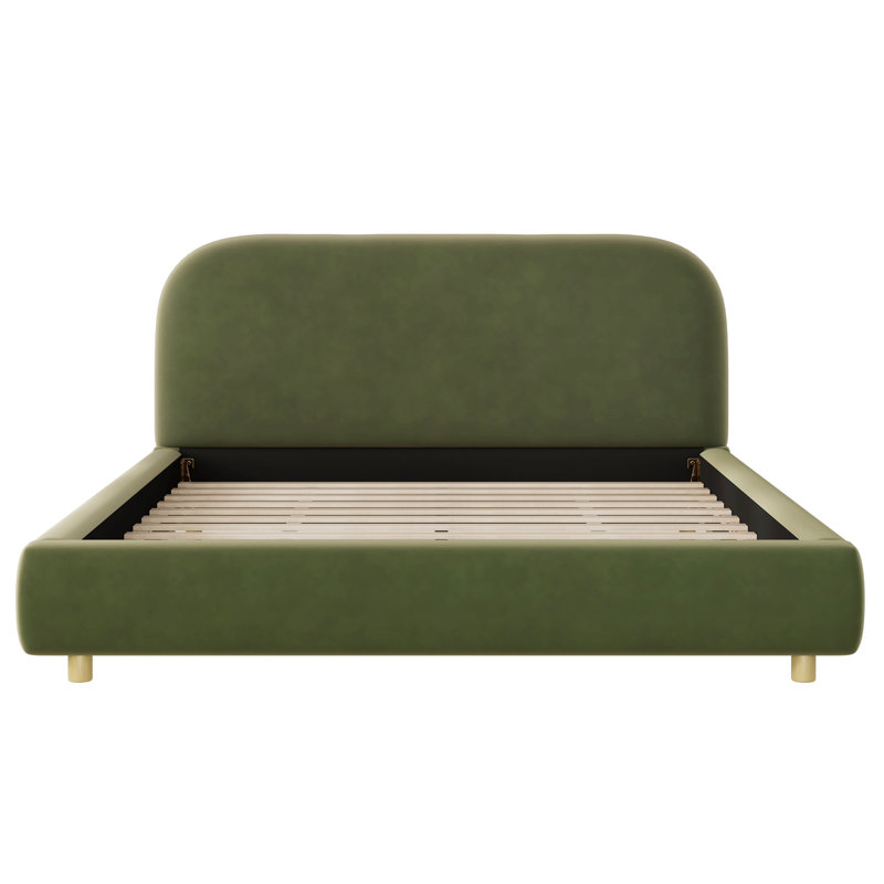 Strada Platform Bed with Boucle Fabric, Boucle Fabric Upholstered Platform Bed with Curve-Shaped Design Headboard, White, Easy Assembly