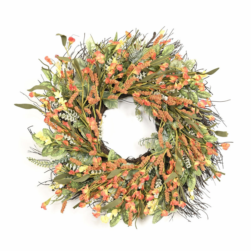 24 po de brindille rustique artificielle, verdure, feuillage, grappe, baies, fleurs sauvages, récolte d'automne, porte d'entrée, couronne, décor de l'Action de grâce