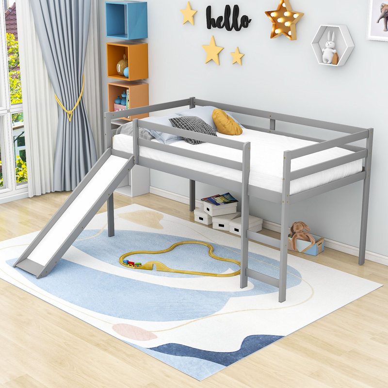 Twin Size Wood Loft Bed with Slide, Gray