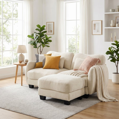Chenille L-Shaped Sectional Sofa Loveseat with Movable Ottoman, Ergonomic Curve Design & Waist Pillow, Supportive Cloud Couch for Living Room, Modern Small Space Sofa
